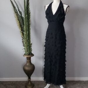 Tadashi black silk halter dress with tiered ruffles